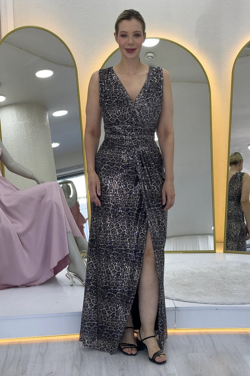Women's Leopar Wrap Neck Sequin Tasarım Sleeveless Slit Mermaid Evening Gown