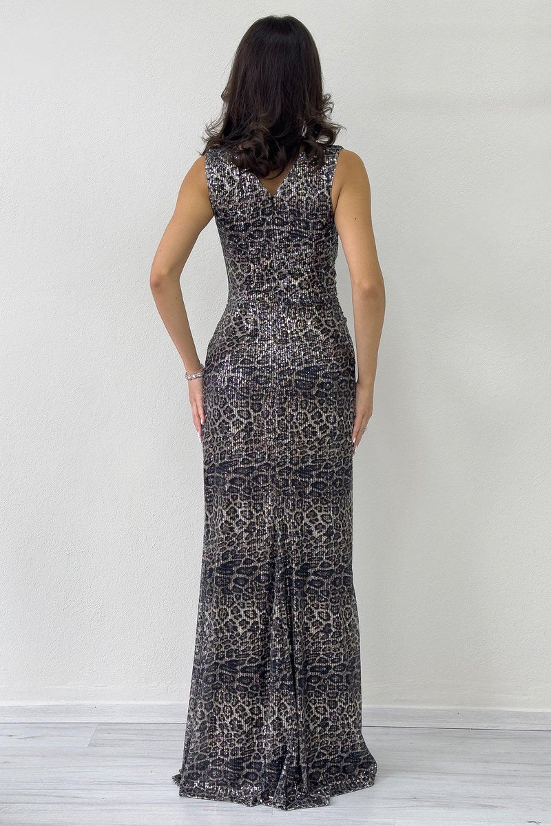 Women's Leopar Wrap Neck Sequin Tasarım Sleeveless Slit Mermaid Evening Gown