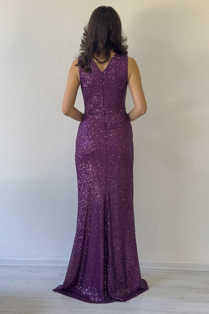 Purple Slit Sequin Evening Dress