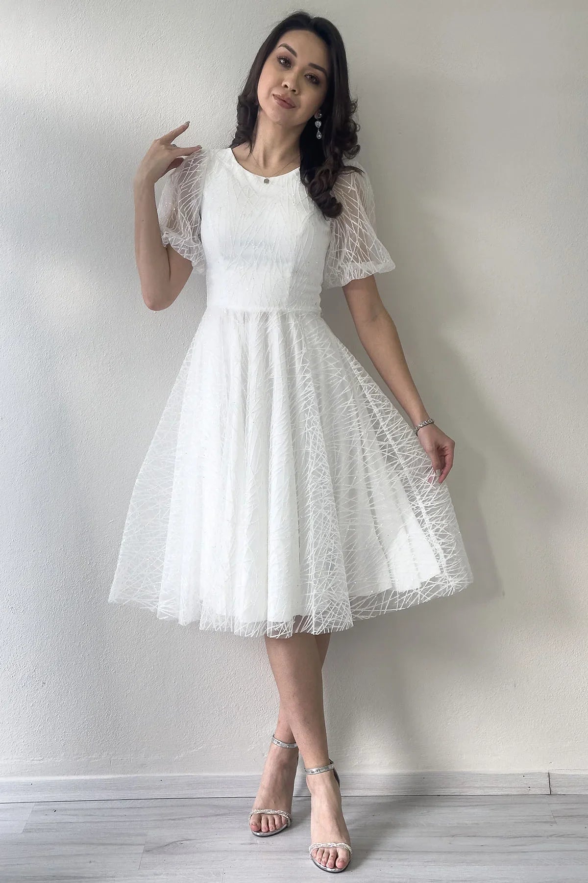 Women's White Balloon Sleeve Glitter Flared Midi Evening Gown