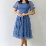 فستان سهرة قصير الأكمام قصير لامع باللون النيلي متوسط ​​الطول