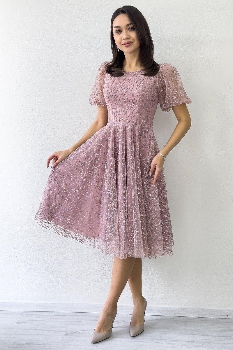 Women's Powder Pink Balloon Sleeve Glitter Flared Midi Evening Gown