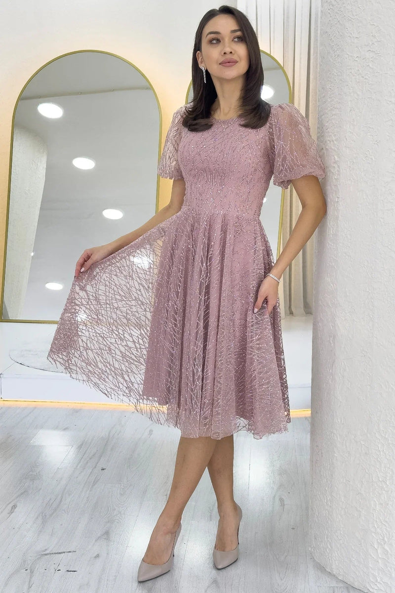 Women's Powder Pink Balloon Sleeve Glitter Flared Midi Evening Gown