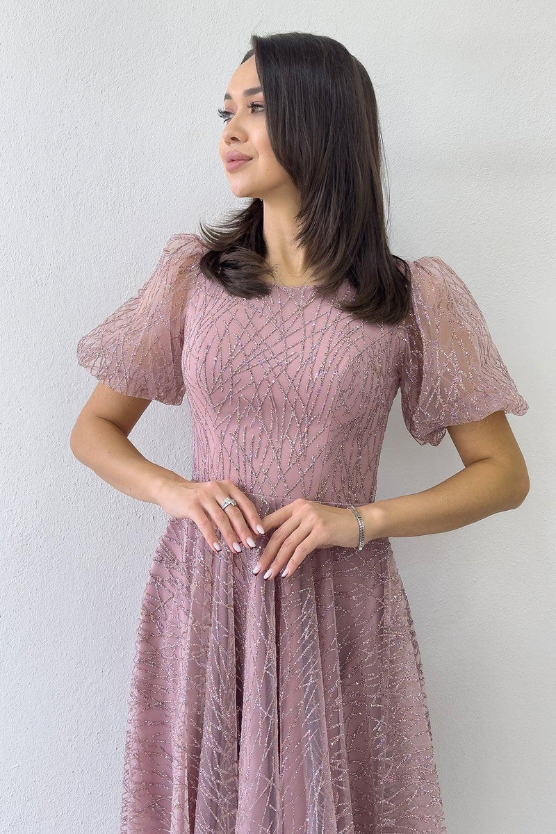 Women's Powder Pink Balloon Sleeve Glitter Flared Midi Evening Gown