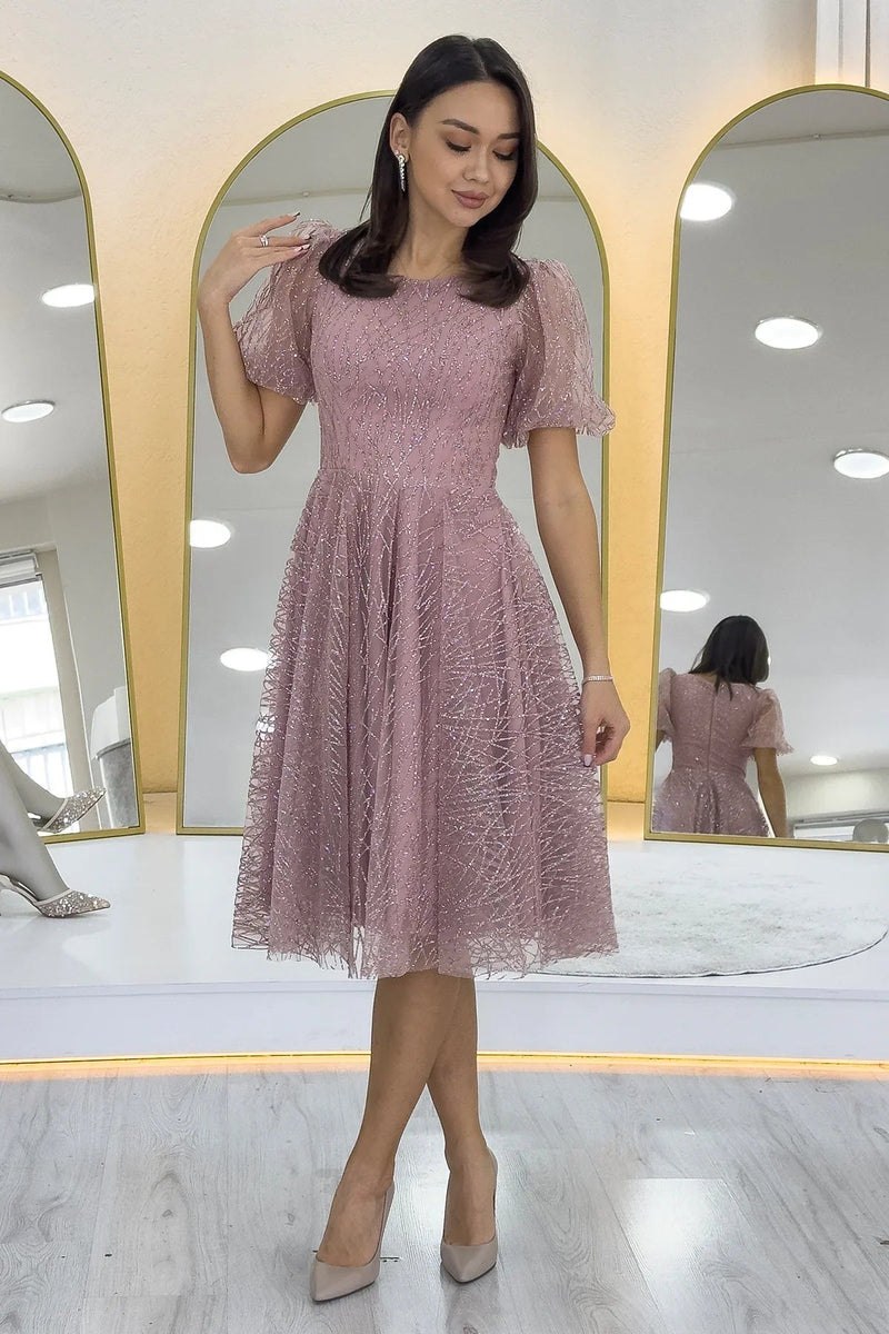 Women's Powder Pink Balloon Sleeve Glitter Flared Midi Evening Gown