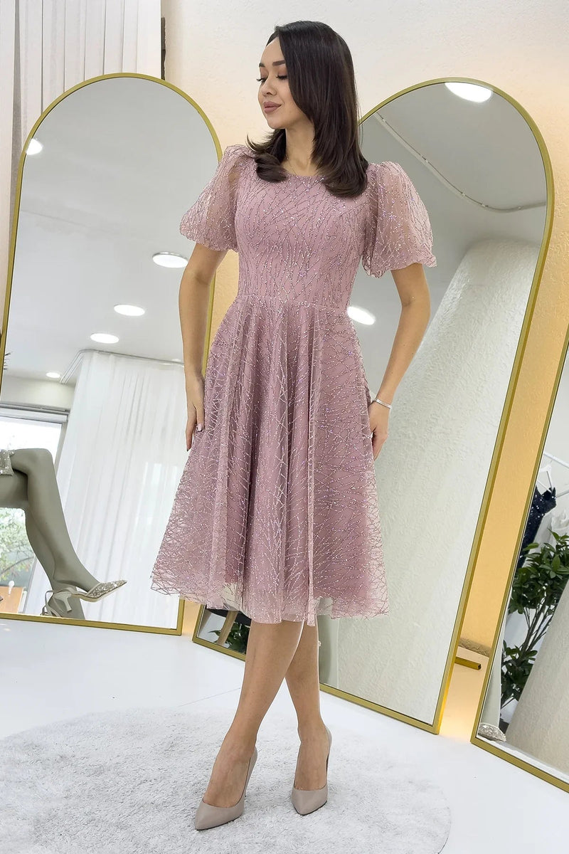 Women's Powder Pink Balloon Sleeve Glitter Flared Midi Evening Gown