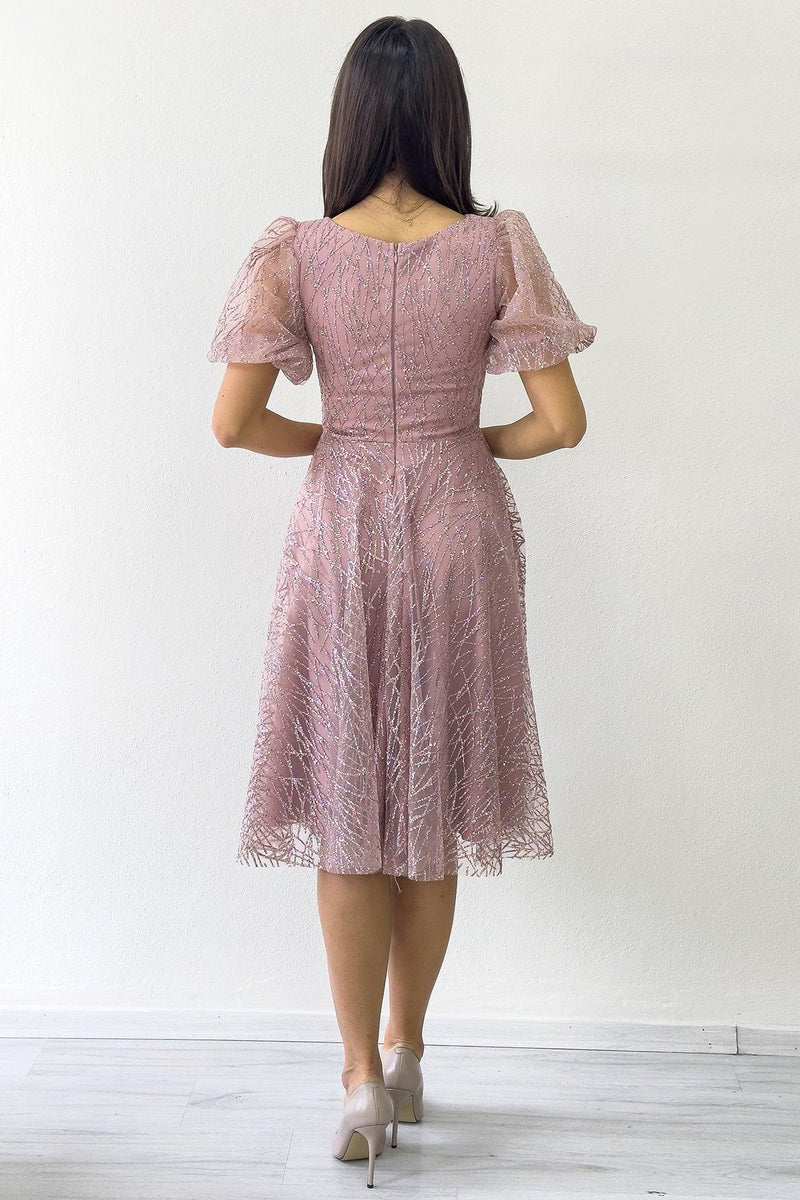 Women's Powder Pink Balloon Sleeve Glitter Flared Midi Evening Gown