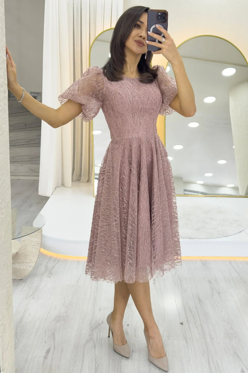 Women's Powder Pink Balloon Sleeve Glitter Flared Midi Evening Gown