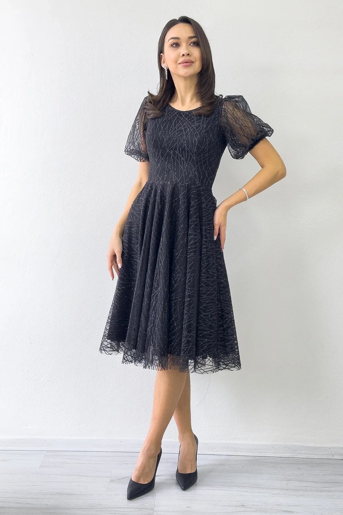 Women's Black Balloon Sleeve Glitter Flared Midi Evening Gown