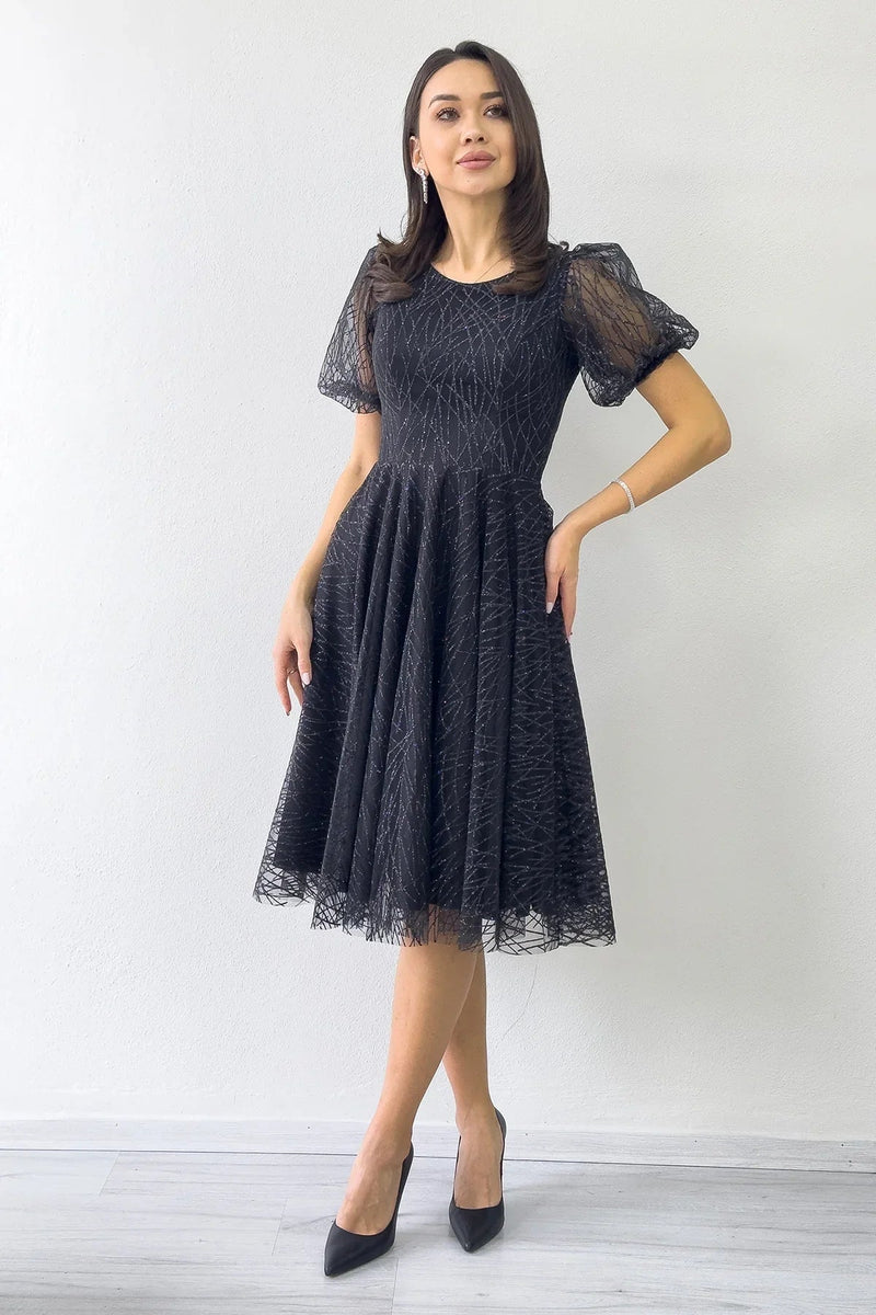 Women's Black Balloon Sleeve Glitter Flared Midi Evening Gown