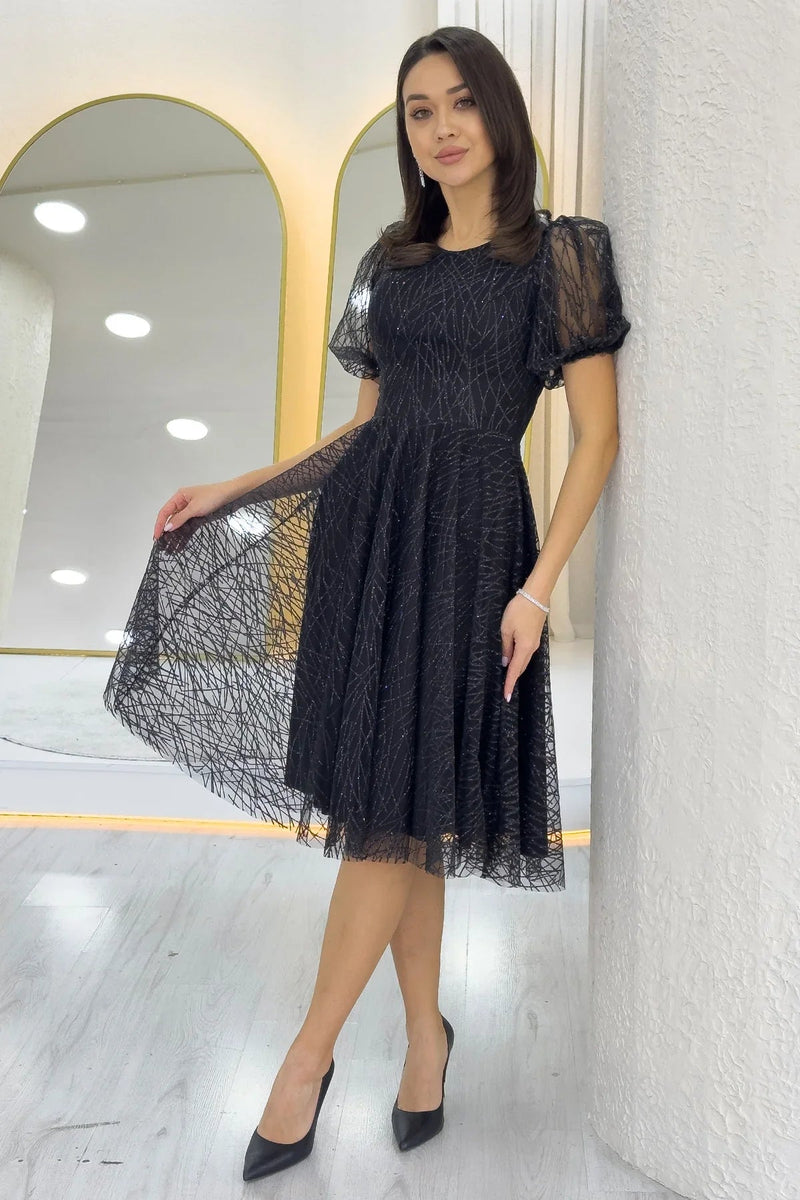 Women's Black Balloon Sleeve Glitter Flared Midi Evening Gown