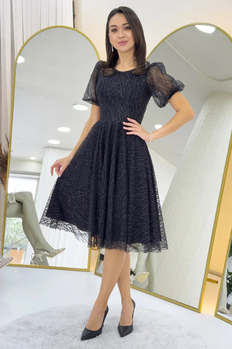 Women's Black Balloon Sleeve Glitter Flared Midi Evening Gown