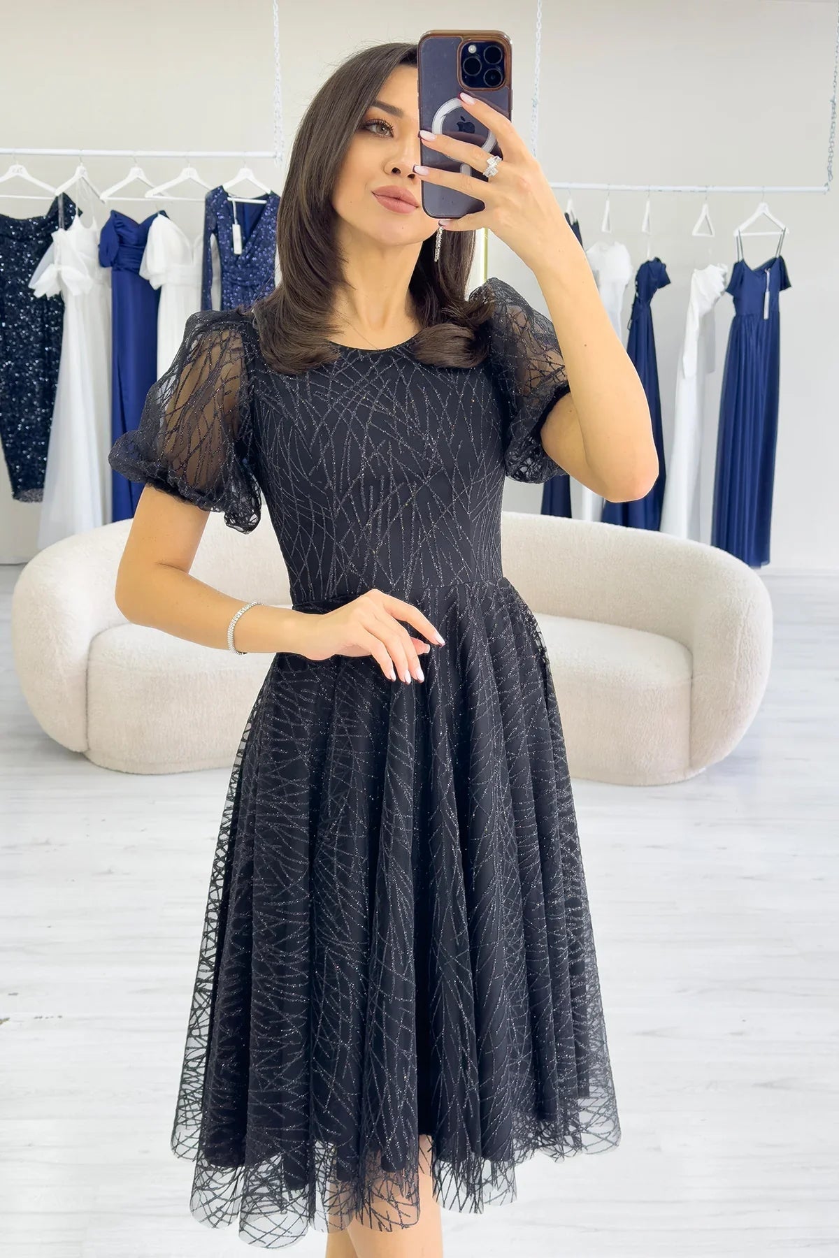 Women's Black Balloon Sleeve Glitter Flared Midi Evening Gown