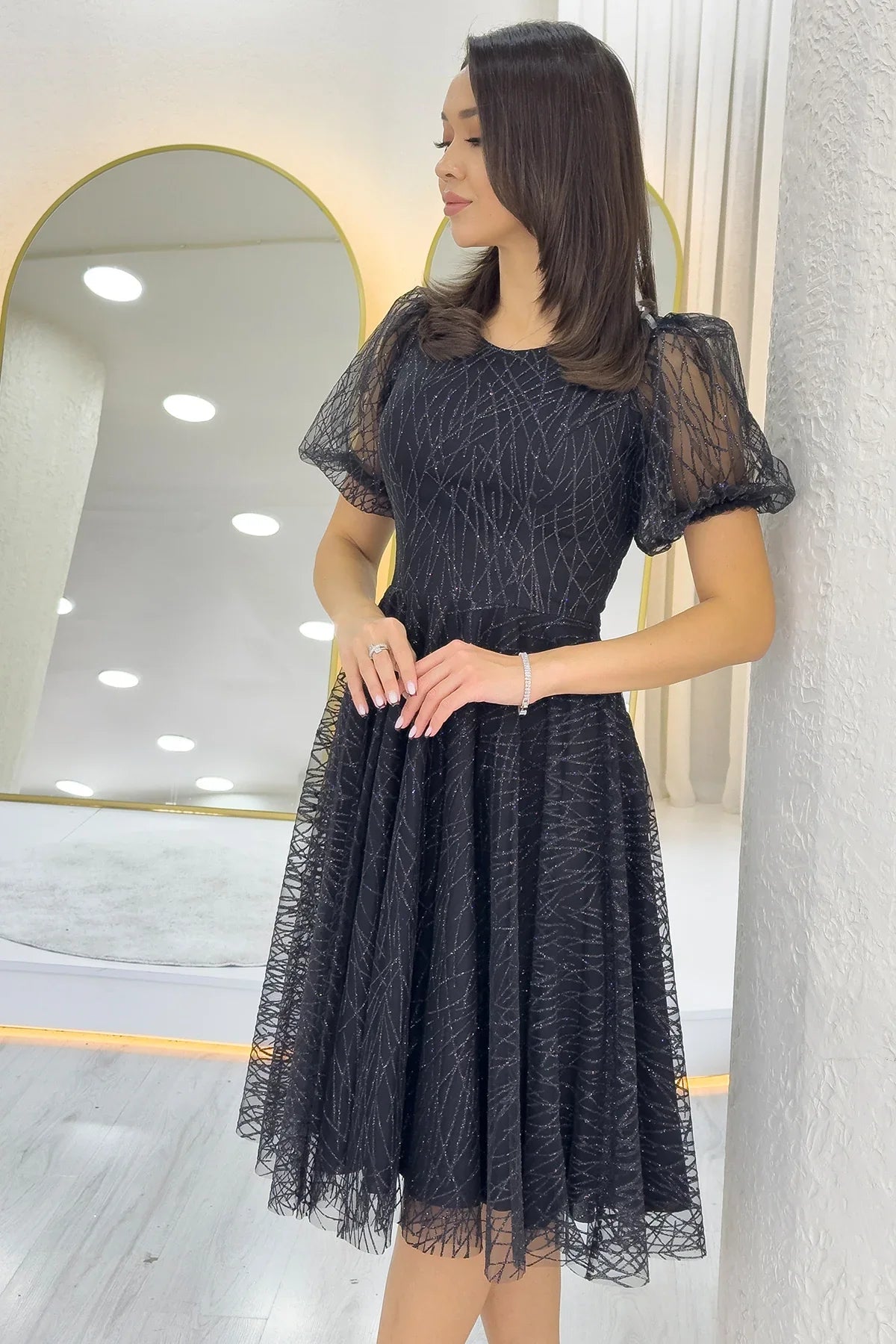 Women's Black Balloon Sleeve Glitter Flared Midi Evening Gown