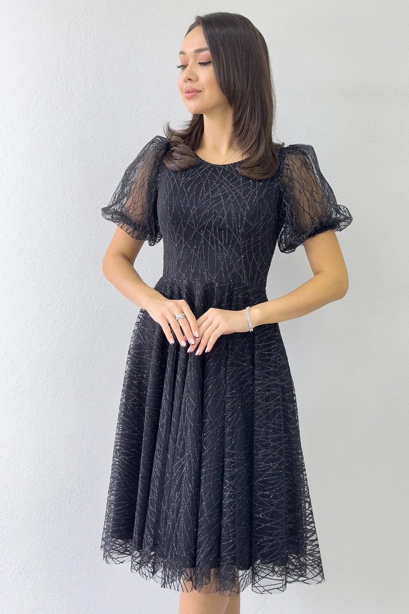 Women's Black Balloon Sleeve Glitter Flared Midi Evening Gown