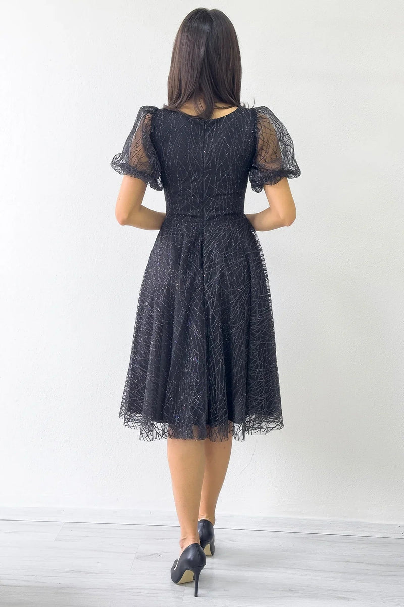 Women's Black Balloon Sleeve Glitter Flared Midi Evening Gown