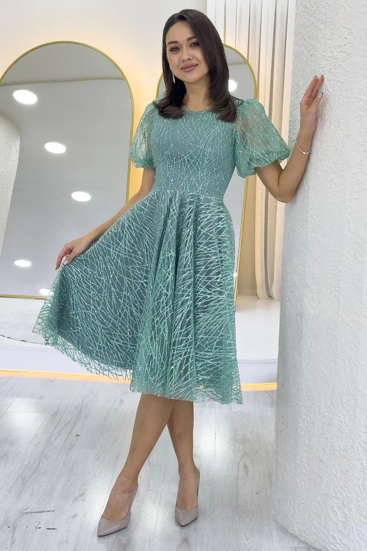 Women's Aqua Green Balloon Sleeve Glitter Flared Midi Evening Gown