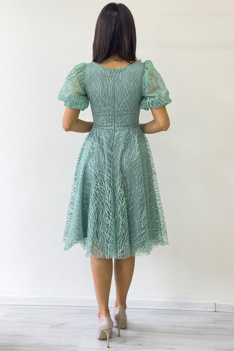 Women's Aqua Green Balloon Sleeve Glitter Flared Midi Evening Gown