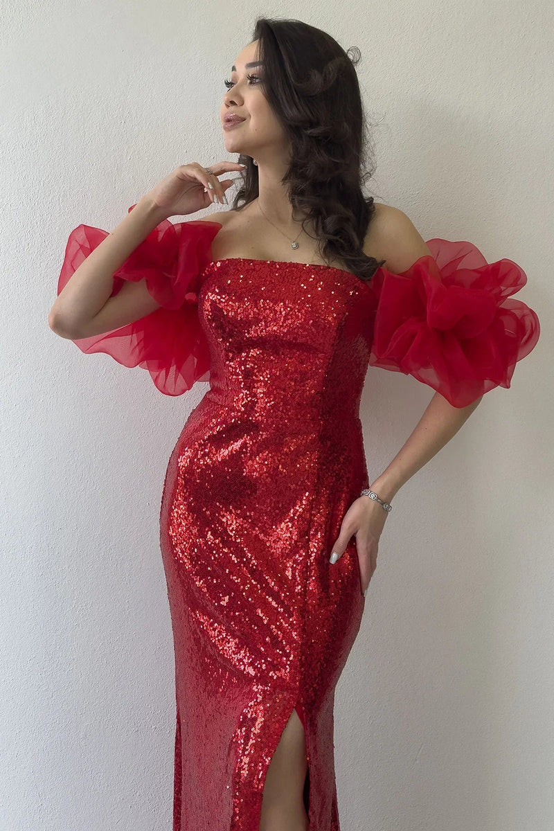 Women's Red Strapless Sequin Slit Tulle Sleeve Detail Evening Gown