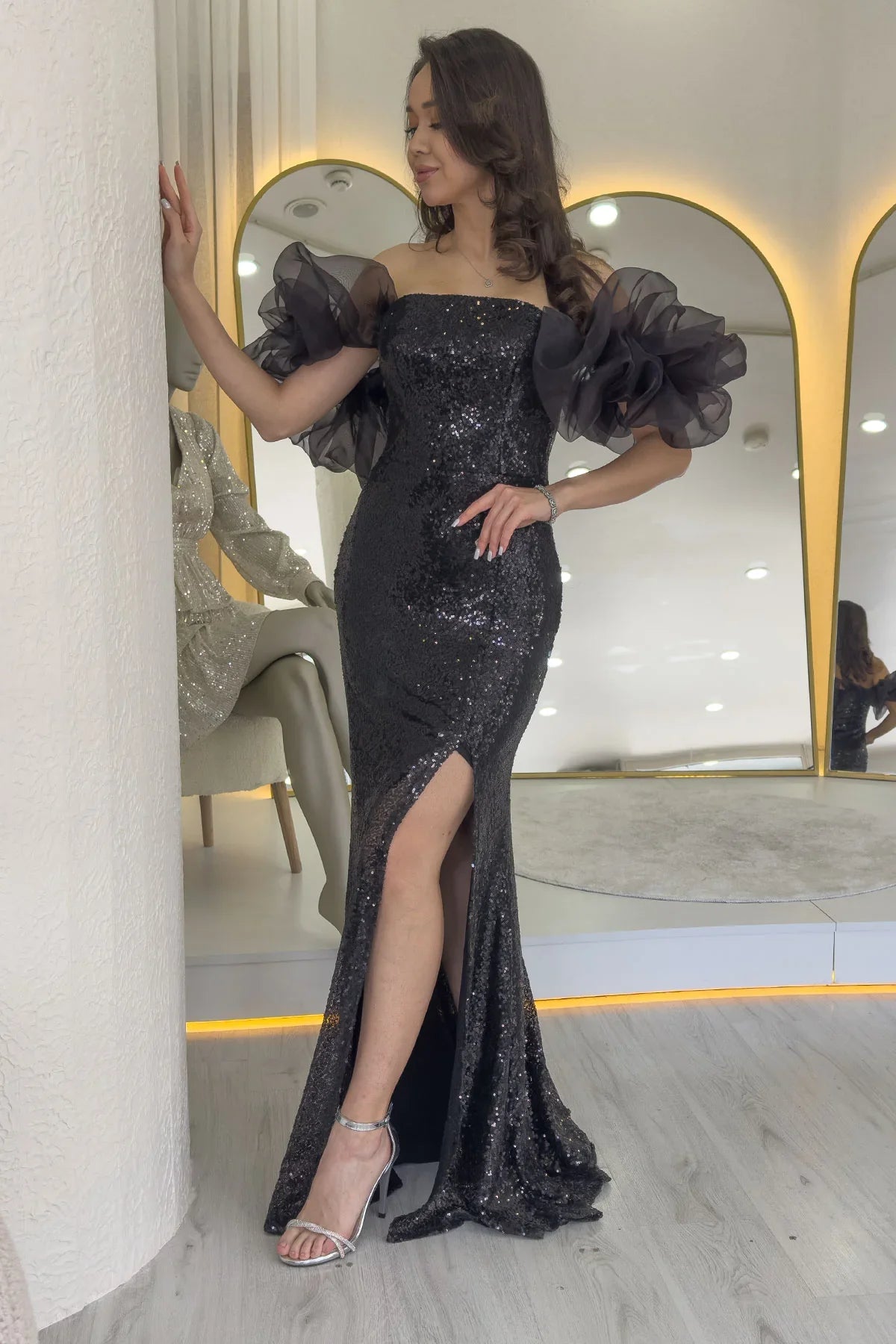 Women's Black Strapless Sequin Slit Tulle Sleeve Detail Evening Gown