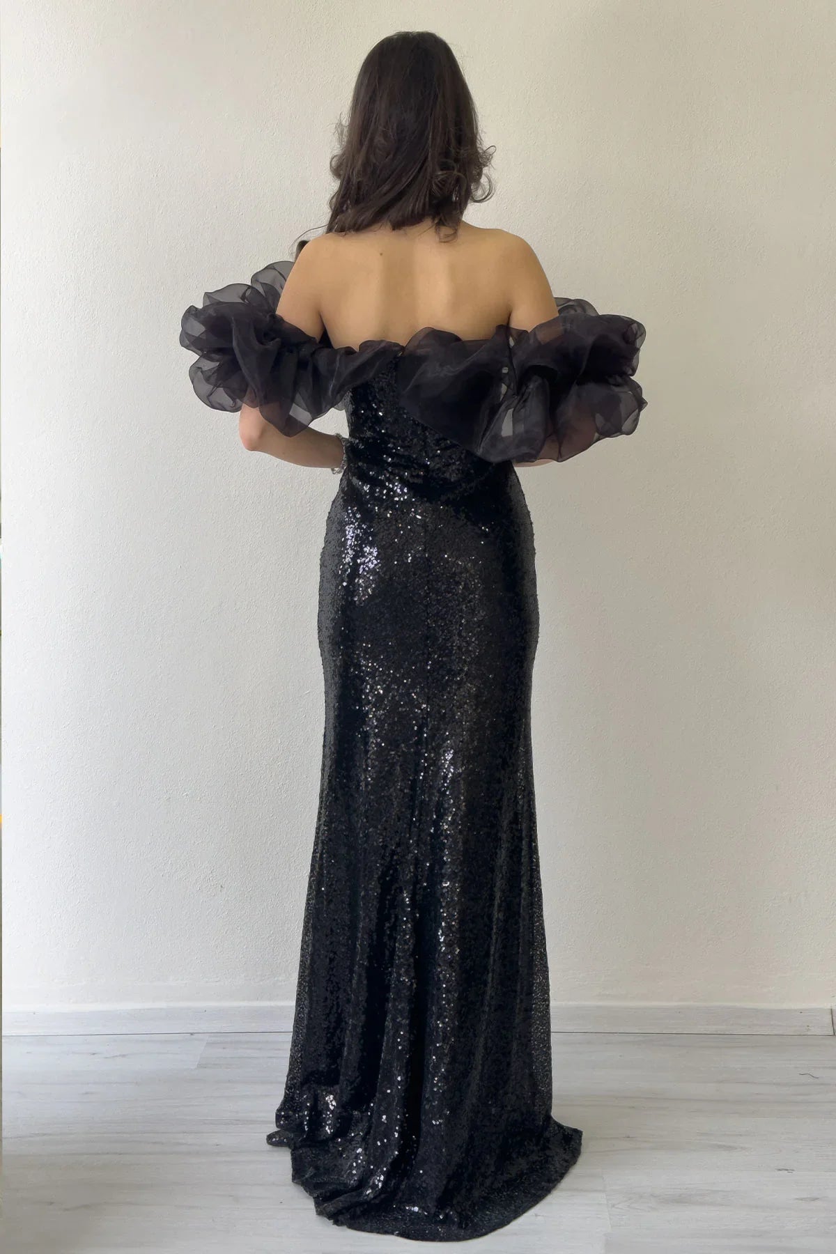 Women's Black Strapless Sequin Slit Tulle Sleeve Detail Evening Gown