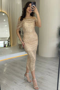 Gold Off-Shoulder Midi Sequin Evening Dress