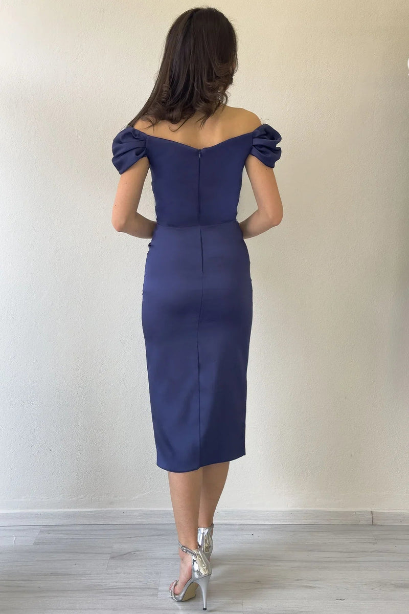 Women's Navy Blue Off-Shoulder Satin Draped Slit Midi Evening Gown