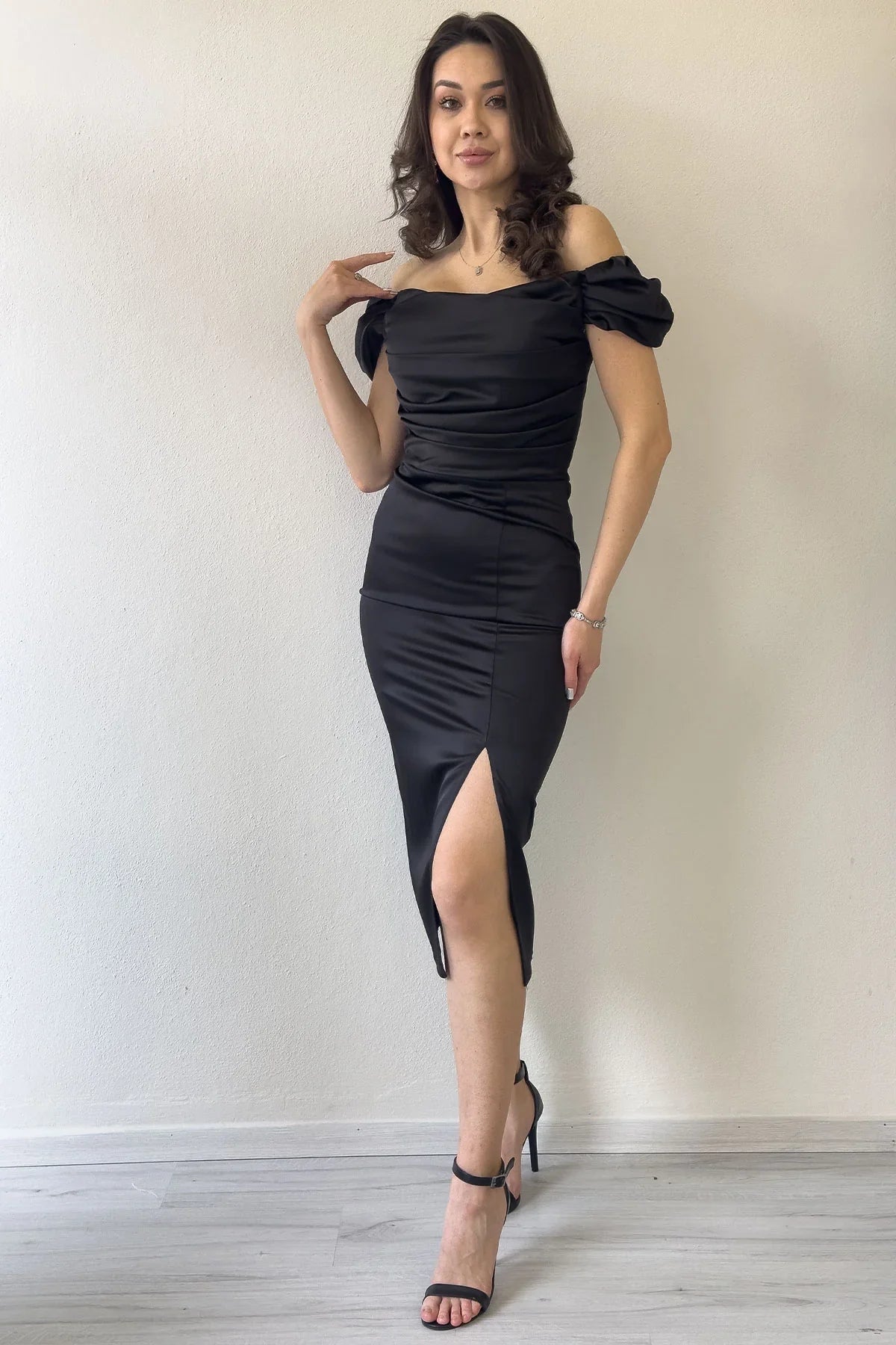 Women's Black Off-Shoulder Satin Draped Slit Midi Evening Gown