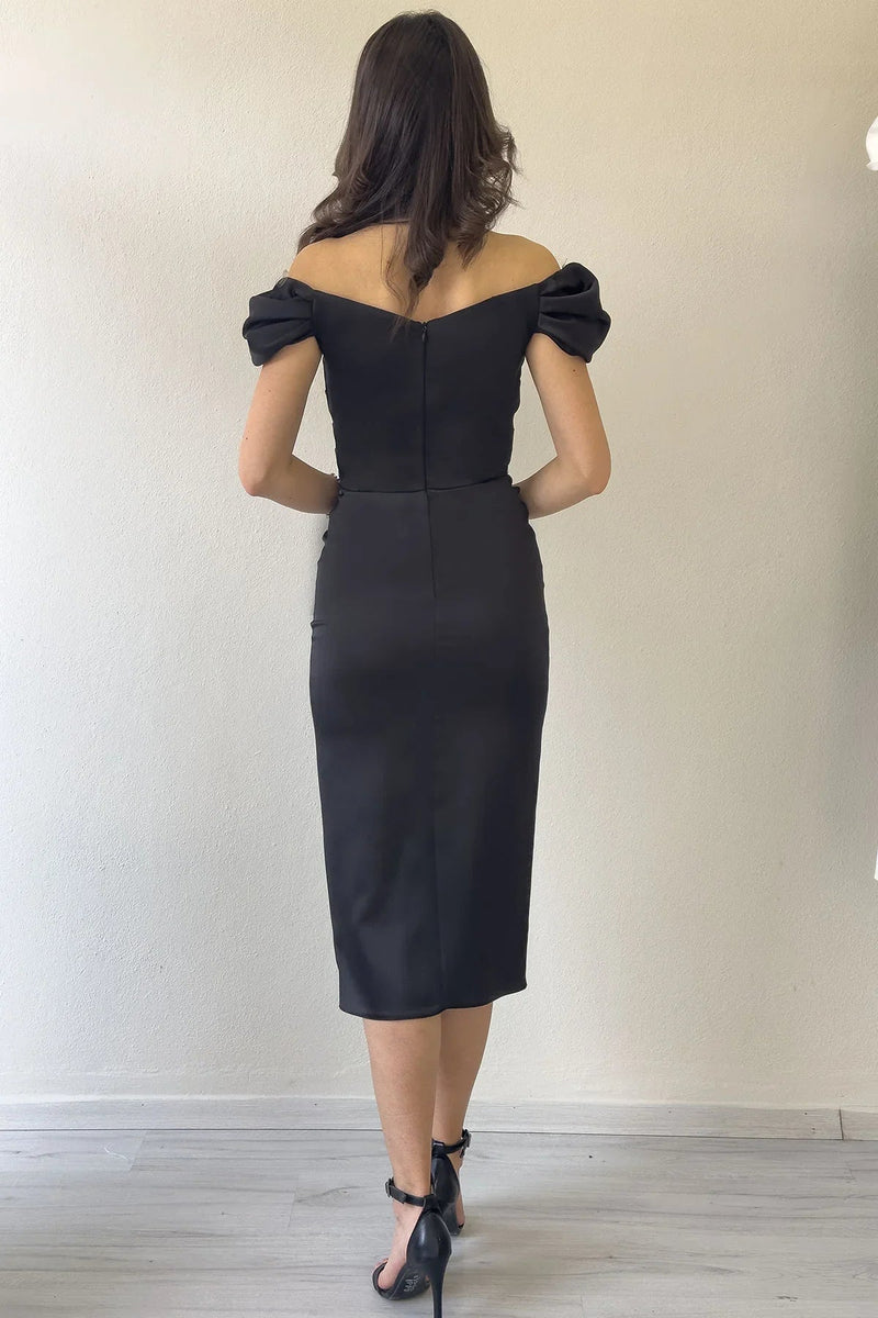 Women's Black Off-Shoulder Satin Draped Slit Midi Evening Gown