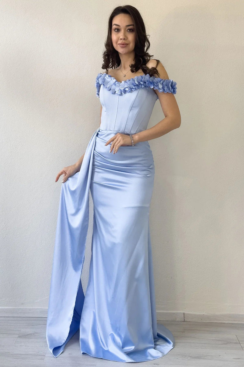 Women's Baby Blue Floral Boat Neck Draped Slit Satin Evening Gown