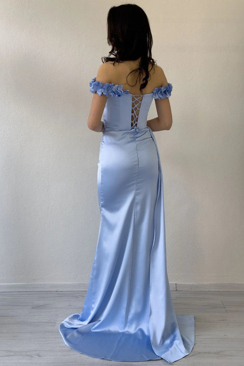 Women's Baby Blue Floral Boat Neck Draped Slit Satin Evening Gown