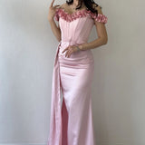 Powder Pink Off-Shoulder Satin Maxi Evening Dress with Floral Detail