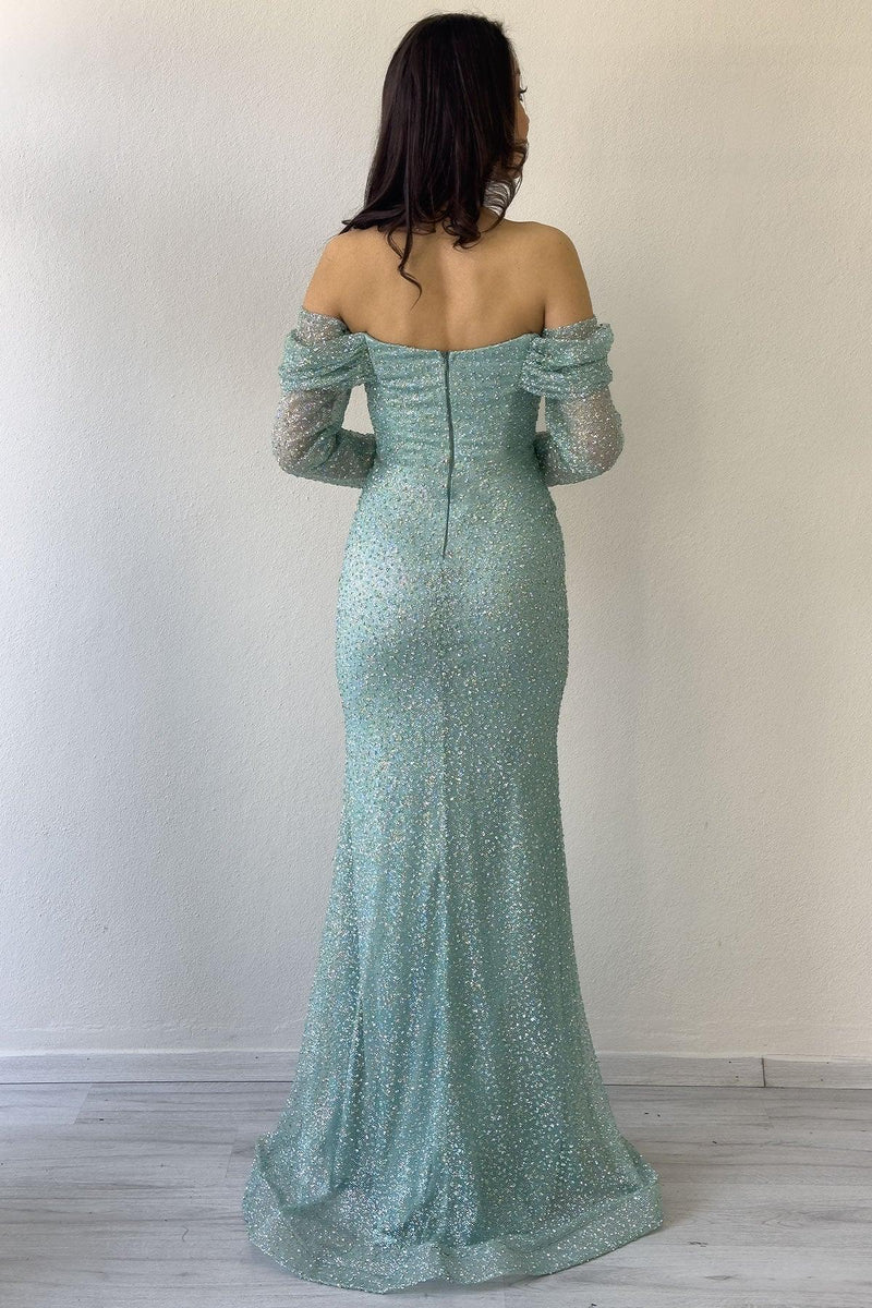 Women's Aqua Green Boat Neck Crystal Embellished Long Sleeve Mermaid Evening Gown
