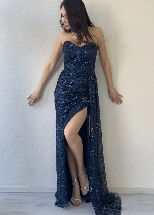 Navy Blue Strapless Sequin Evening Dress