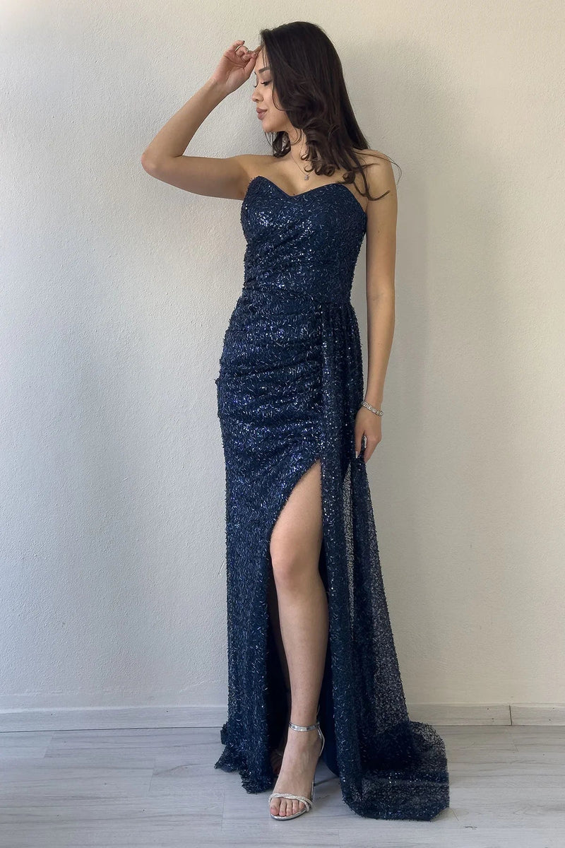Women's Navy Blue Strapless Sequin Crystal Embellished Train Evening Gown
