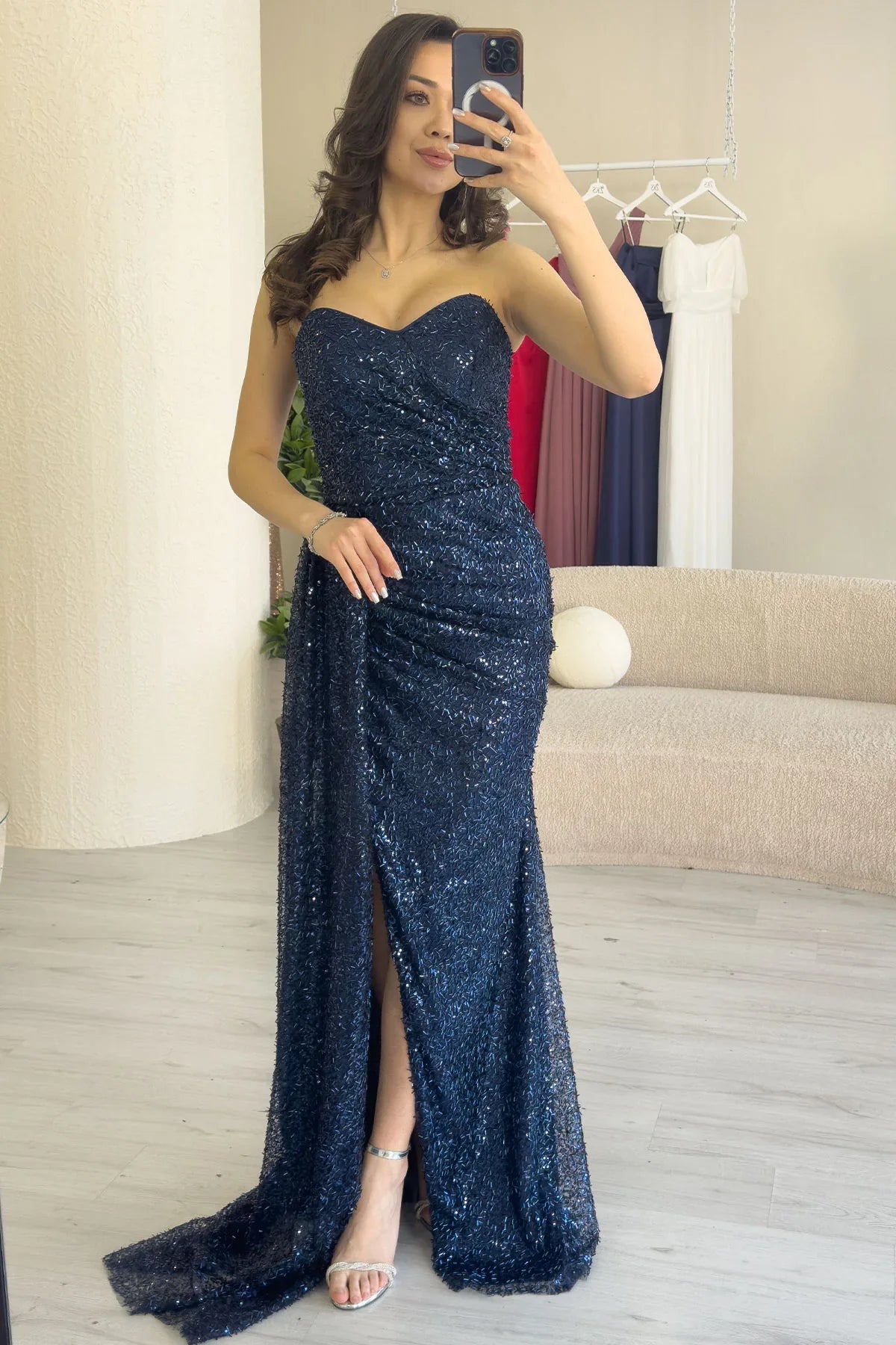 Women's Navy Blue Strapless Sequin Crystal Embellished Train Evening Gown