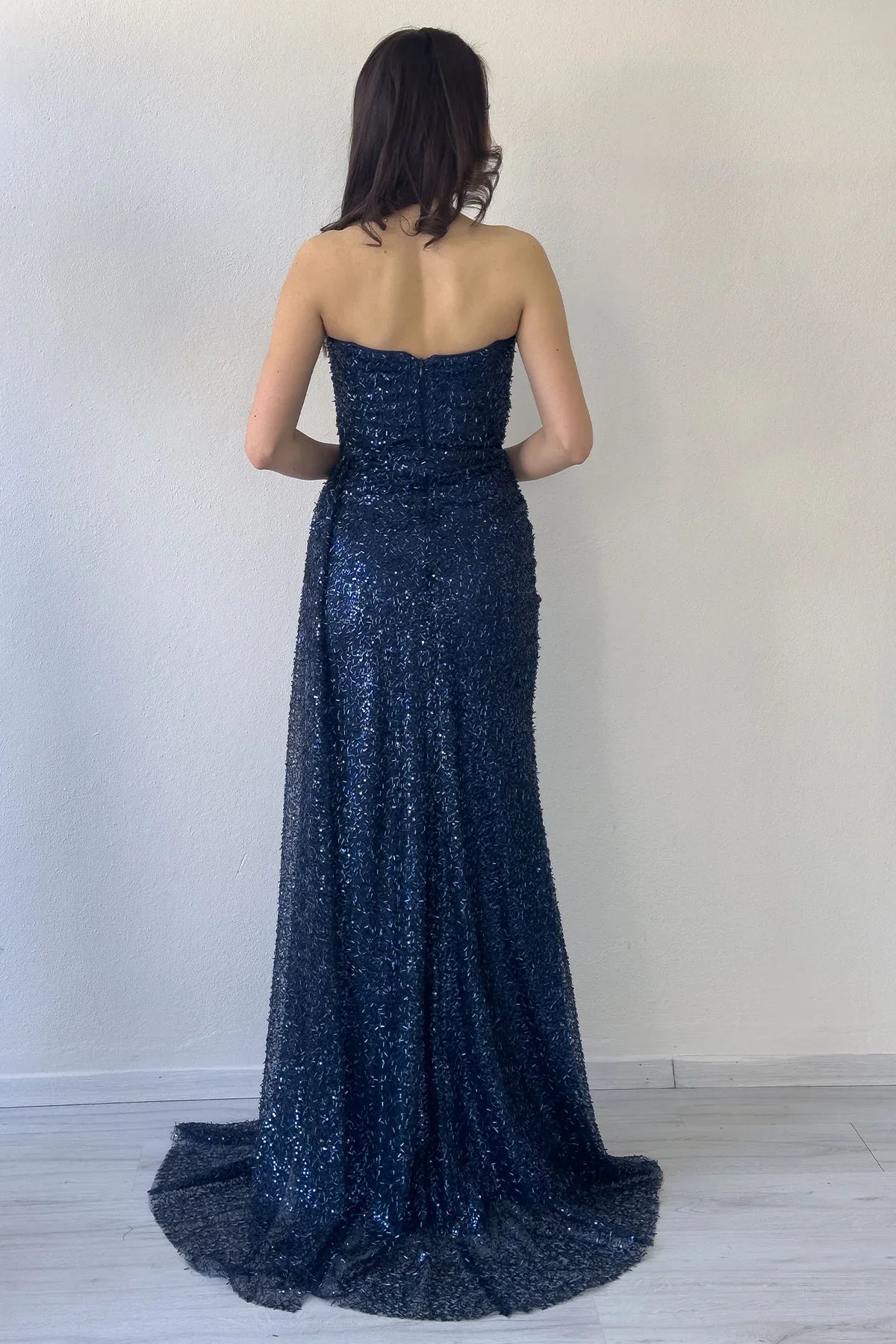 Women's Navy Blue Strapless Sequin Crystal Embellished Train Evening Gown