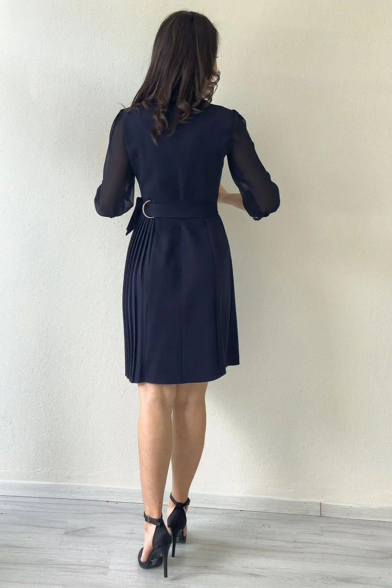 Women's Navy Blue Silver Tokalı uzun Sleevelu Piliseli Jacket Dress