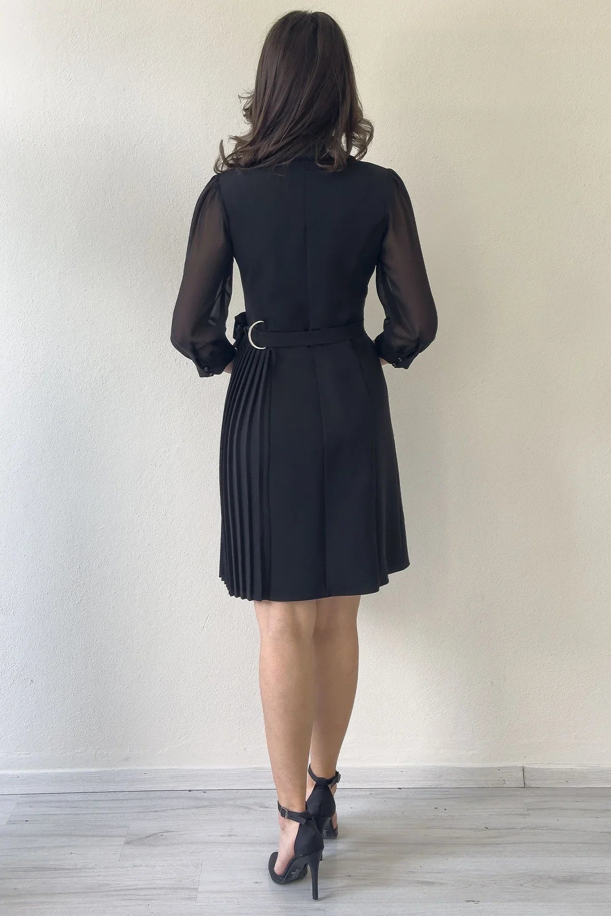 Women's Black Silver Tokalı Long Sleevelu Piliseli Jacket Dress