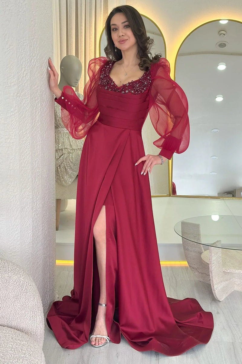 Women's Burgundy Tulle Sleeve Embellished Draped Satin Slit Evening Gown