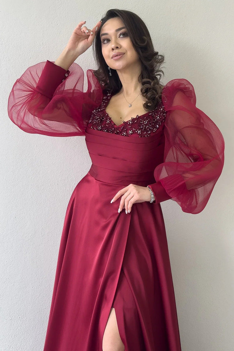 Women's Burgundy Tulle Sleeve Embellished Draped Satin Slit Evening Gown