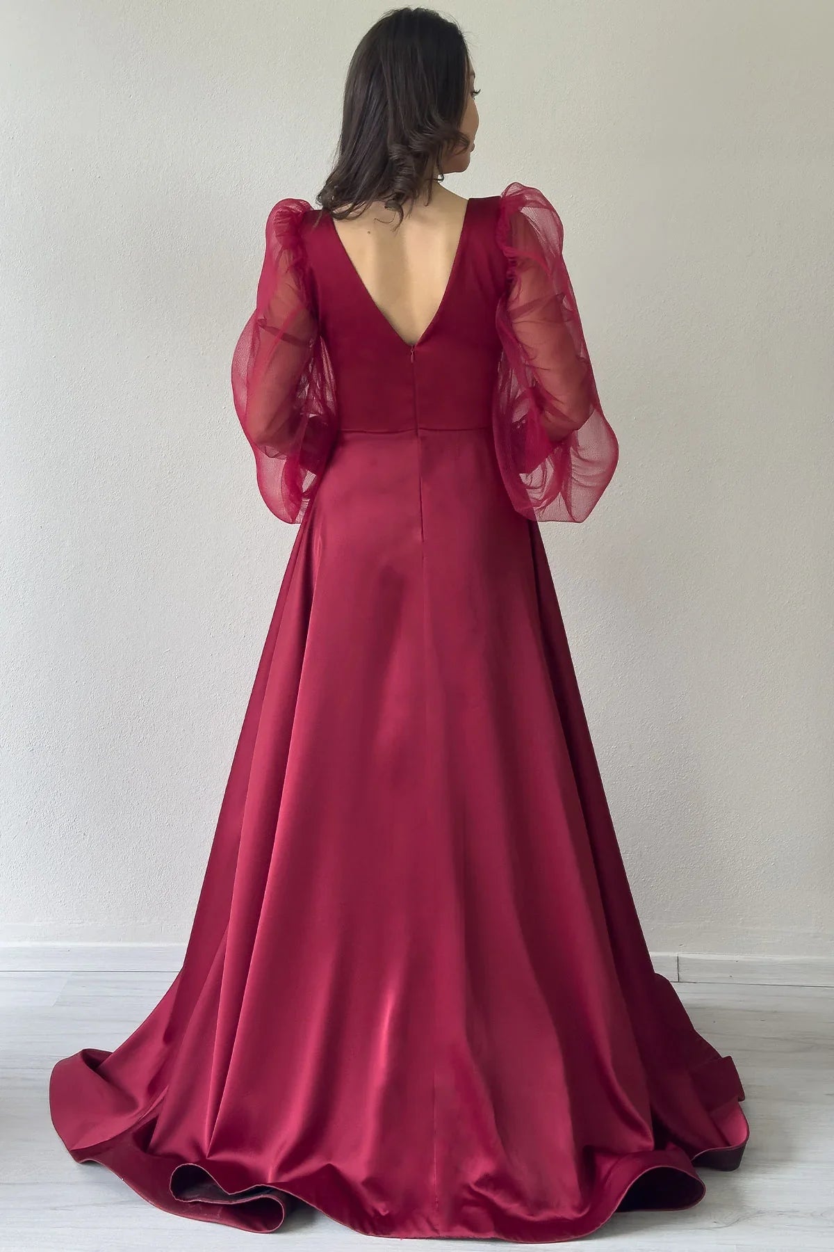 Women's Burgundy Tulle Sleeve Embellished Draped Satin Slit Evening Gown