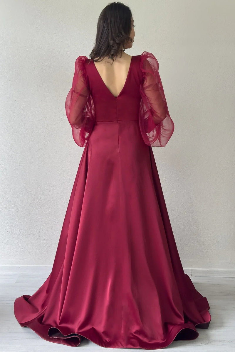 Women's Burgundy Tulle Sleeve Embellished Draped Satin Slit Evening Gown