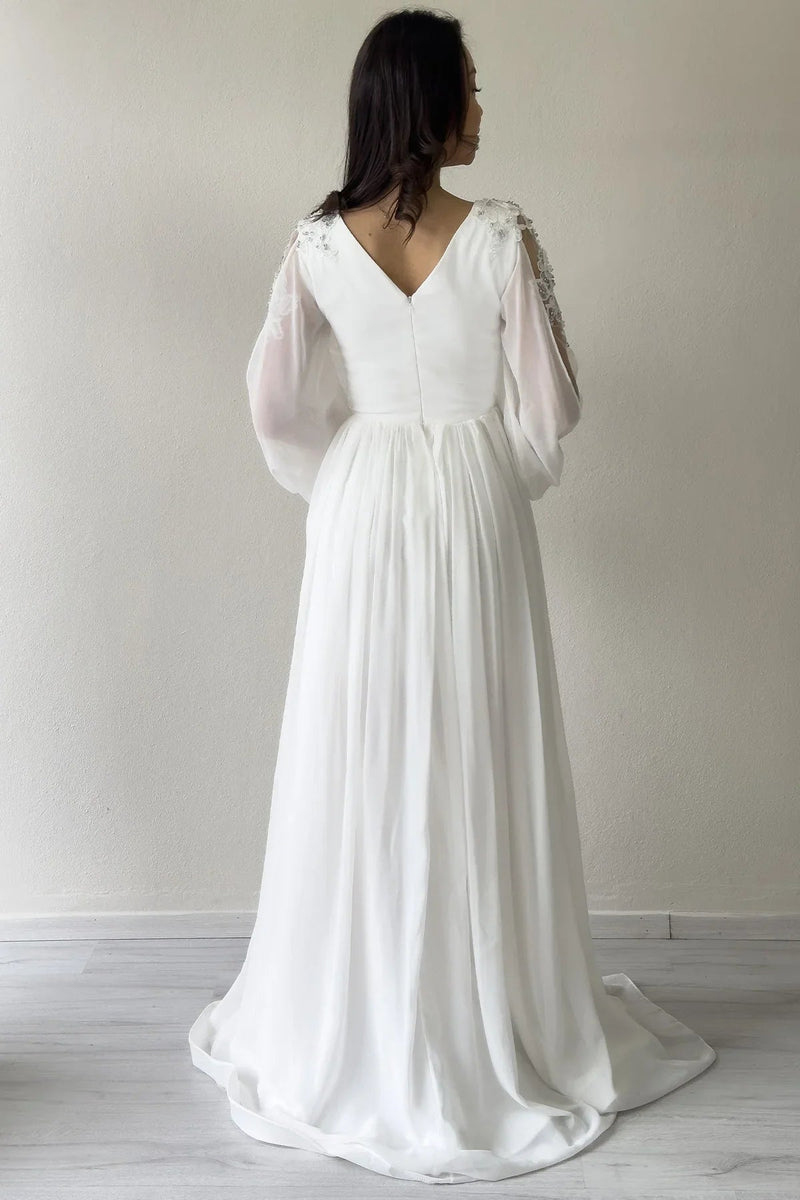 Women's White Güpür Sleeve Detail Slit Chiffon Evening Gown
