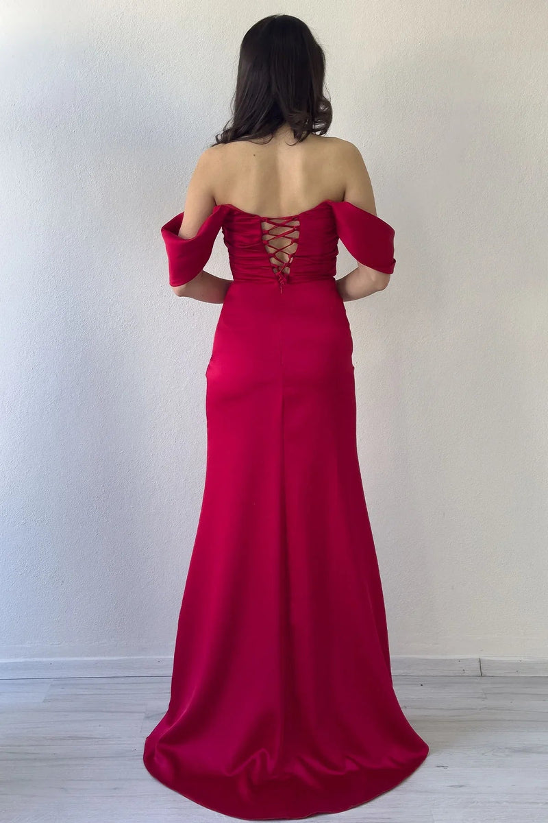 Women's Red Open Back Off-Shoulder Draped Slit Satin Evening Gown