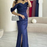 Navy Blue Off-Shoulder Satin Evening Dress