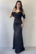 Black Off-Shoulder Satin Evening Dress