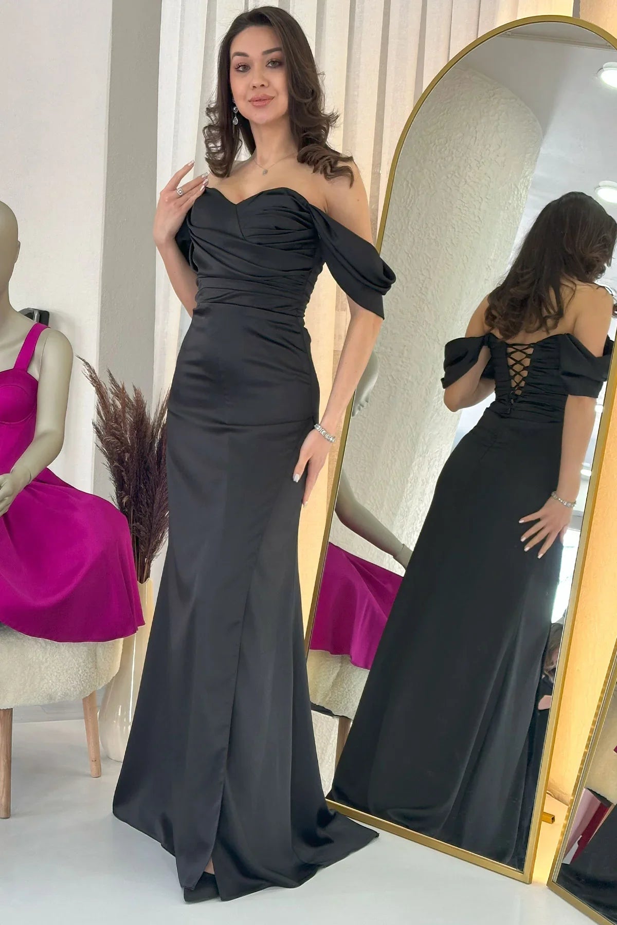 Women's Black Open Back Off-Shoulder Draped Slit Satin Evening Gown