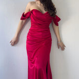 Red Off-Shoulder Satin Evening Dress