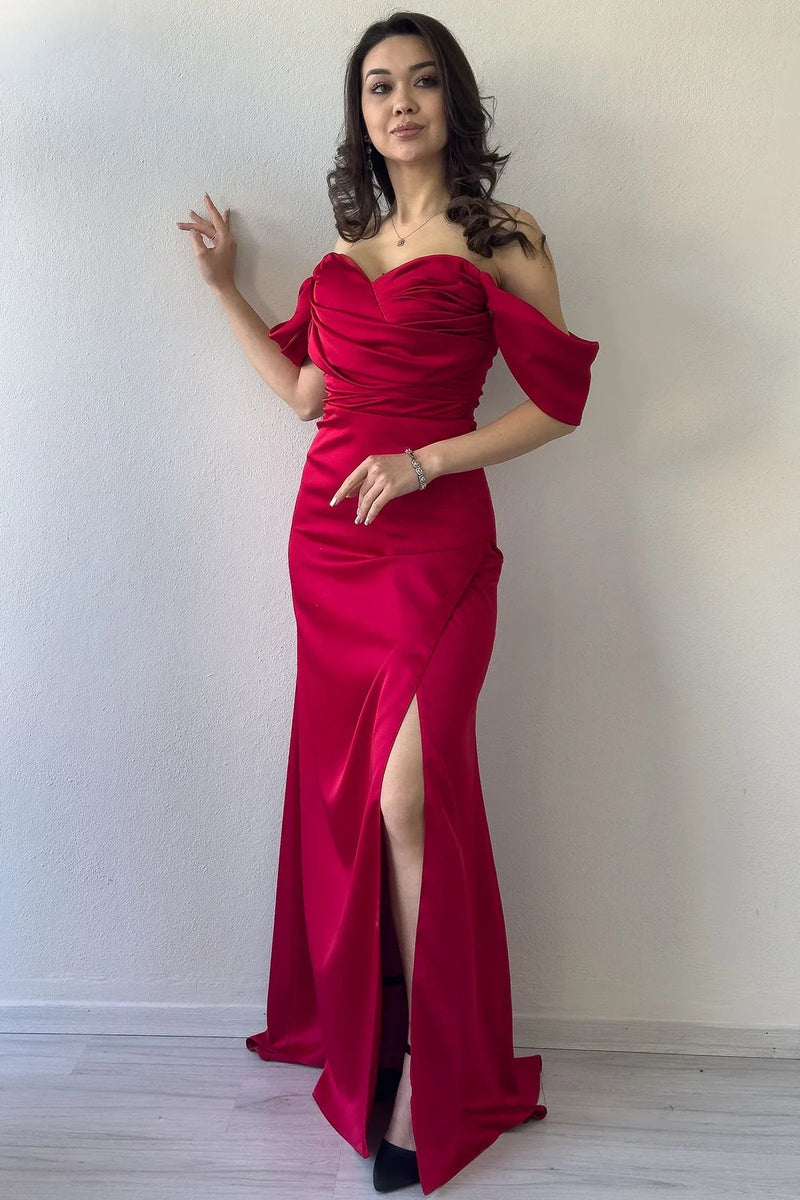 Women's Red Open Back Off-Shoulder Draped Slit Satin Evening Gown